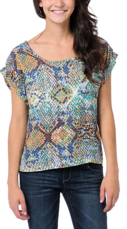 Love, Fire Blue Snake Print Button Back Top