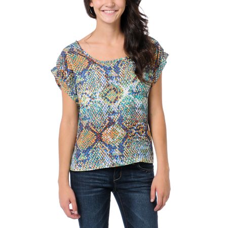 Love, Fire Blue Snake Print Button Back Top