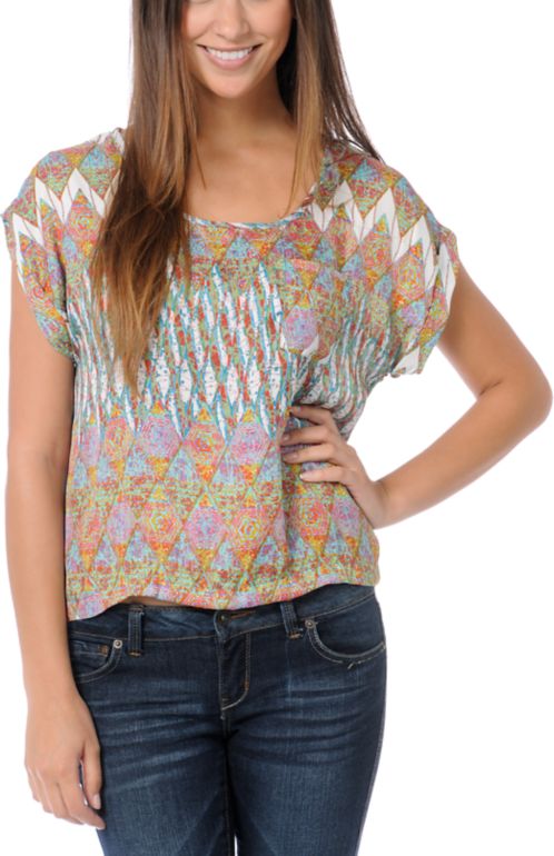 Love, Fire Cream & Geo Print Button Back Top