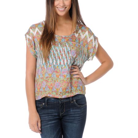 Love, Fire Cream & Geo Print Button Back Top