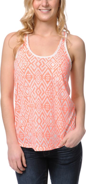 Empyre Girls Casey Neon Coral Tribal Print Racerback Tank Top