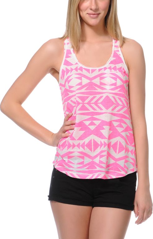 Empyre Girls Casey Neon Pink Tribal Print Racerback Tank Top