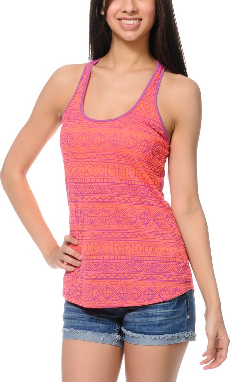 Empyre Girls Nocella Diamond Print Neon Orange Tank Top