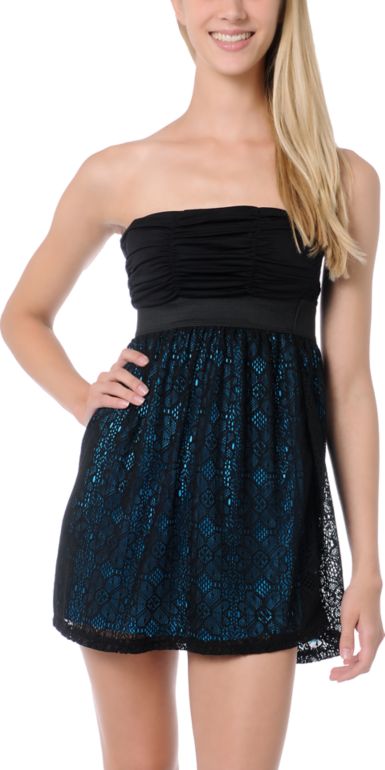 Lunachix Black & Neon Blue Crochet Strapless Dress