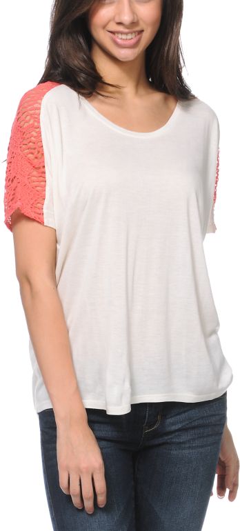 Empyre Girls Avanna Vanilla & Pink Crochet Tee Shirt