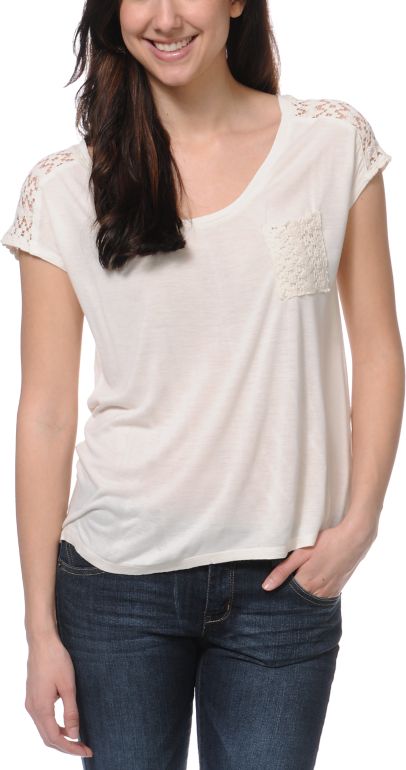 Empyre Girls Emmi Natural Crochet Pocket Tee Shirt