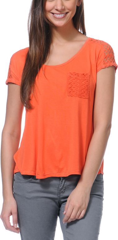Empyre Girls Emmi Coral Crochet Pocket Tee Shirt
