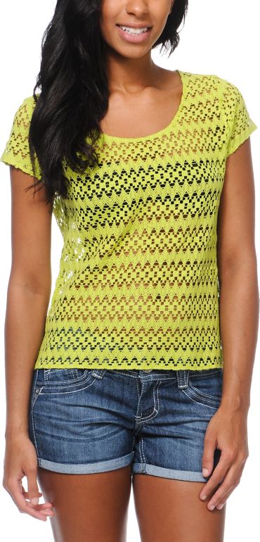 Empyre Girls Opal Lime Green Zig Zag Crochet Tee Shirt