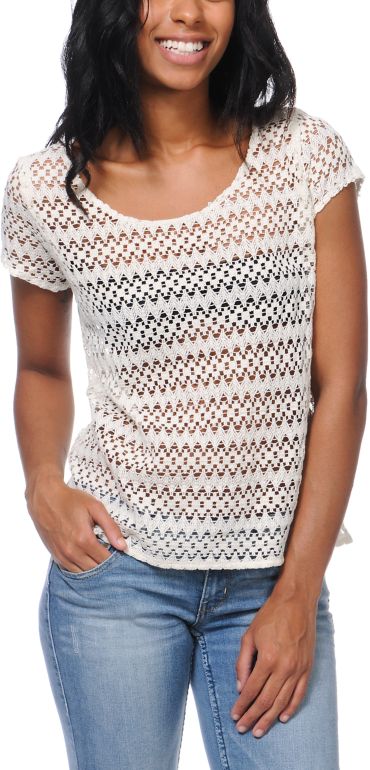 Empyre Girls Opal Cream Zig Zag Crochet Tee Shirt