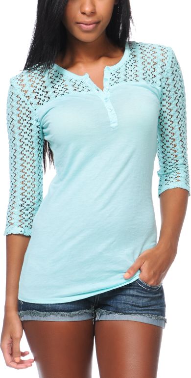 Empyre Girls Reis Aruba Blue Crochet Henley Top
