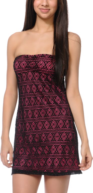 Empyre Girls Amber Neon Pink & Black Crochet Strapless Dress
