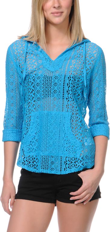 Empyre Girls Austin Stripe Neon Blue Crochet Poncho
