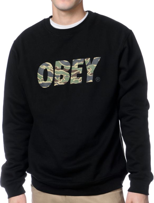 Obey Camo Font Black Crew Neck Sweatshirt