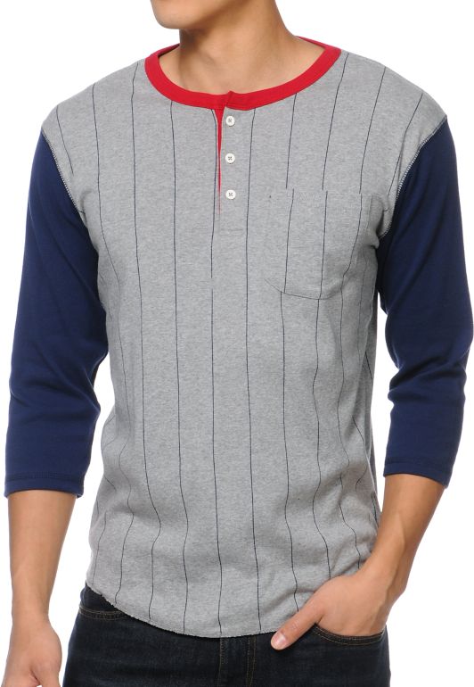 Brixton Detroit Grey & Navy Long Sleeve Henley Knit Shirt