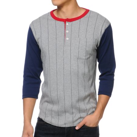 Brixton Detroit Grey & Navy Long Sleeve Henley Knit Shirt 
