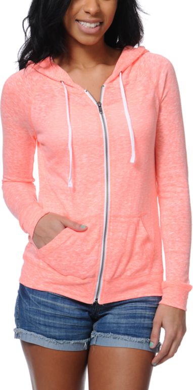 Zine Jersey Neon Coral Zip Up Hoodie