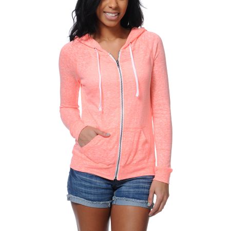 Zine Jersey Neon Coral Zip Up Hoodie