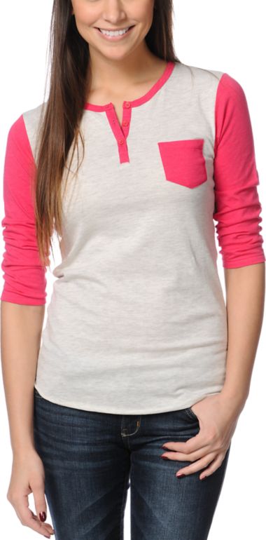 Zine Girls Henley Oatmeal & Red Baseball Tee Shirt