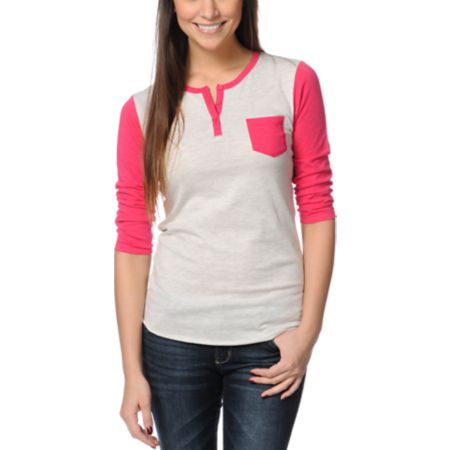 Zine Girls Henley Oatmeal & Red Baseball Tee Shirt