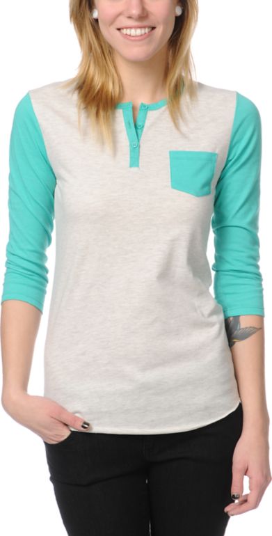 Zine Girls Henley Oatmeal & Green Baseball Tee Shirt