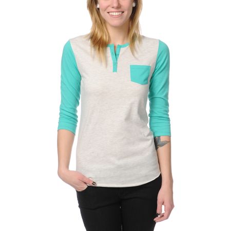 Zine Girls Henley Oatmeal & Green Baseball Tee Shirt