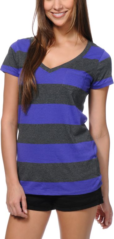 Zine Girls Purple & Charcoal Rugby Stripe V-Neck Tee Shirt