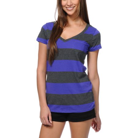 Zine Girls Purple & Charcoal Rugby Stripe V-Neck Tee Shirt