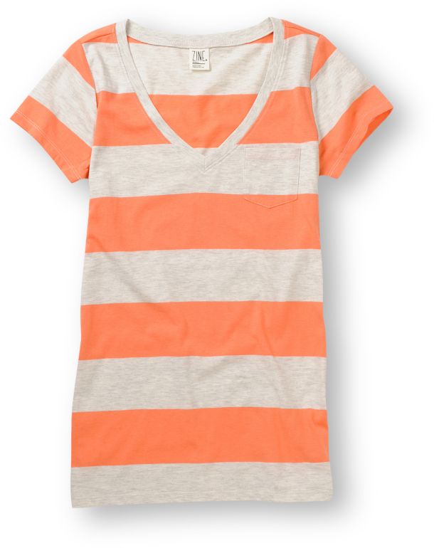 Zine Girls Coral & Oatmeal Rugby Stripe V-Neck Tee Shirt