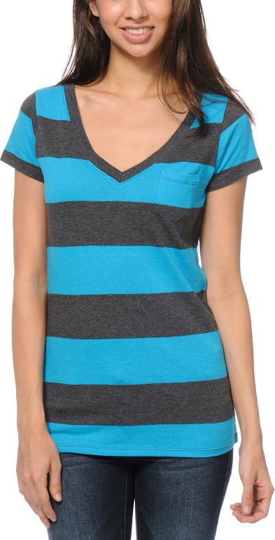 Zine Girls Turquoise & Charcoal Rugby Stripe V-Neck Tee Shirt