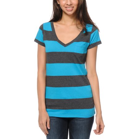 Zine Girls Turquoise & Charcoal Rugby Stripe V-Neck Tee Shirt