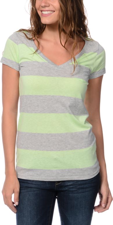 Zine Girls Mint & Grey Rugby Stripe V-Neck Tee Shirt