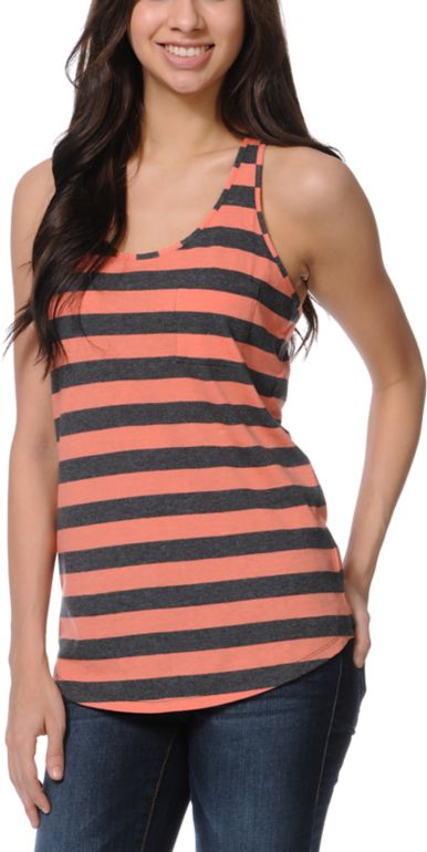 Zine Girls Coral & Charcoal Stripe Racerback Tank Top