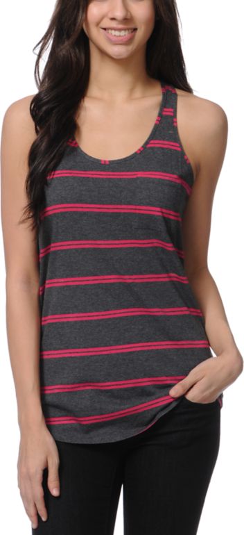 Zine Girls Pink & Charcoal Stripe Racerback Tank Top