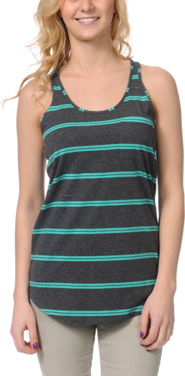 Zine Girls Teal & Charcoal Stripe Racerback Tank Top