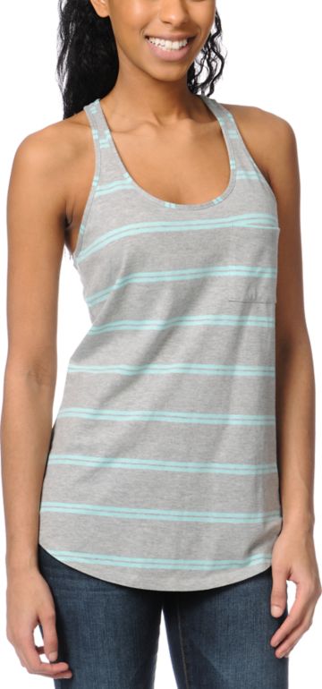 Zine Girls Grey & Mint Stripe Racerback Tank Top