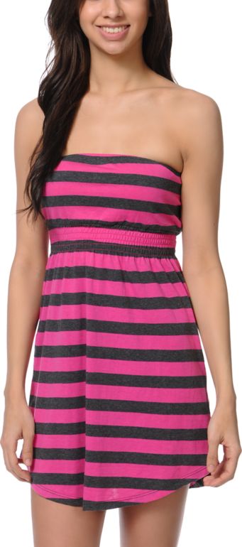 Empyre Girls Pink & Charcoal Stripe Strapless Dress