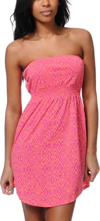 Empyre Girls Neon Coral Tonal Tribal Print Strapless Dress