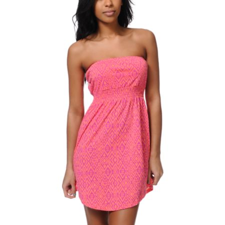 Empyre Girls Neon Coral Tonal Tribal Print Strapless Dress