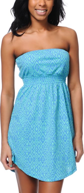 Empyre Girls Teal & Blue Tonal Tribal Print Strapless Dress