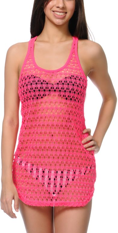 Empyre Girls Neon Pink Crochet Tank Dress