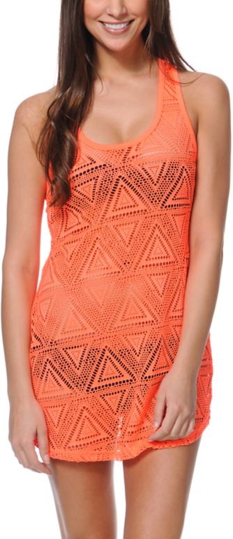 Empyre Girls Neon Coral Crochet Tank Dress