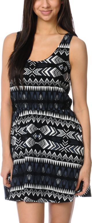 Element Ashley Lace Inset Black Tribal Print Dress