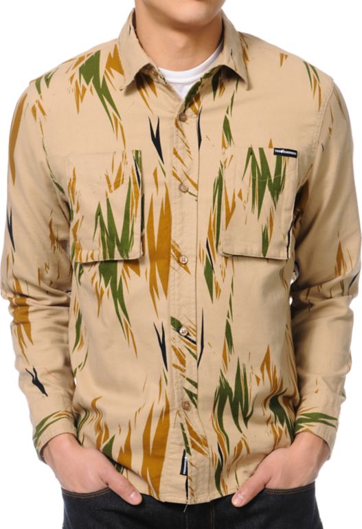 The Hundreds Thistle Print Khaki Long Sleeve Button Up Shirt