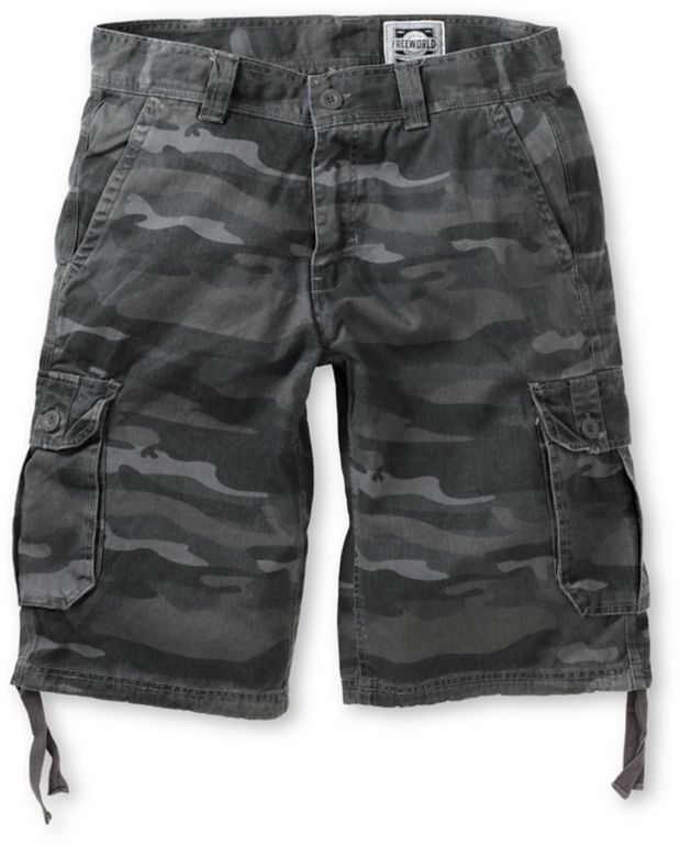 Free World Debacle Black Camo Twill Cargo Shorts