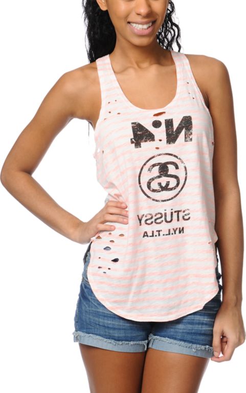 Stussy Girls Neon Blocked Coral Striped Tank Top
