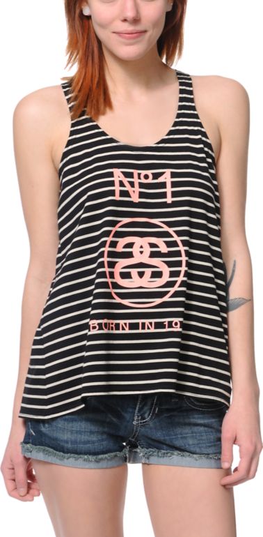 Stussy Girls Striped Split Black & White Tank Top