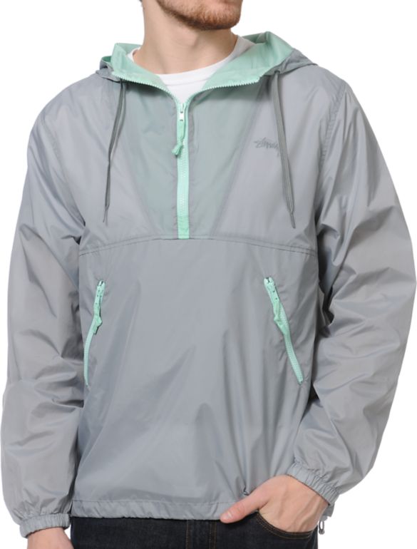 Stussy Nylon Hooded Grey & Mint Windbreaker