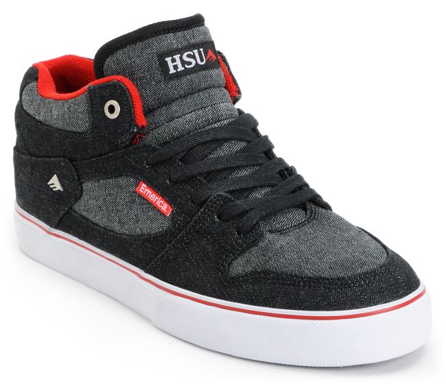 Emerica Hsu 2-Tone Black & Red Denim Skate Shoe