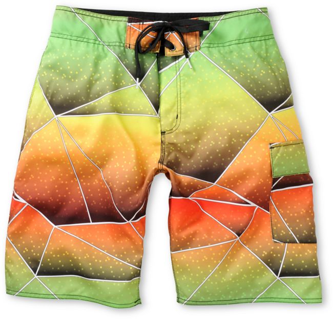 Free World Geocray Print Green & Orange Board Short