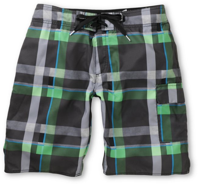 Free World Beach Break Green & Black Plaid Hybrid Shorts